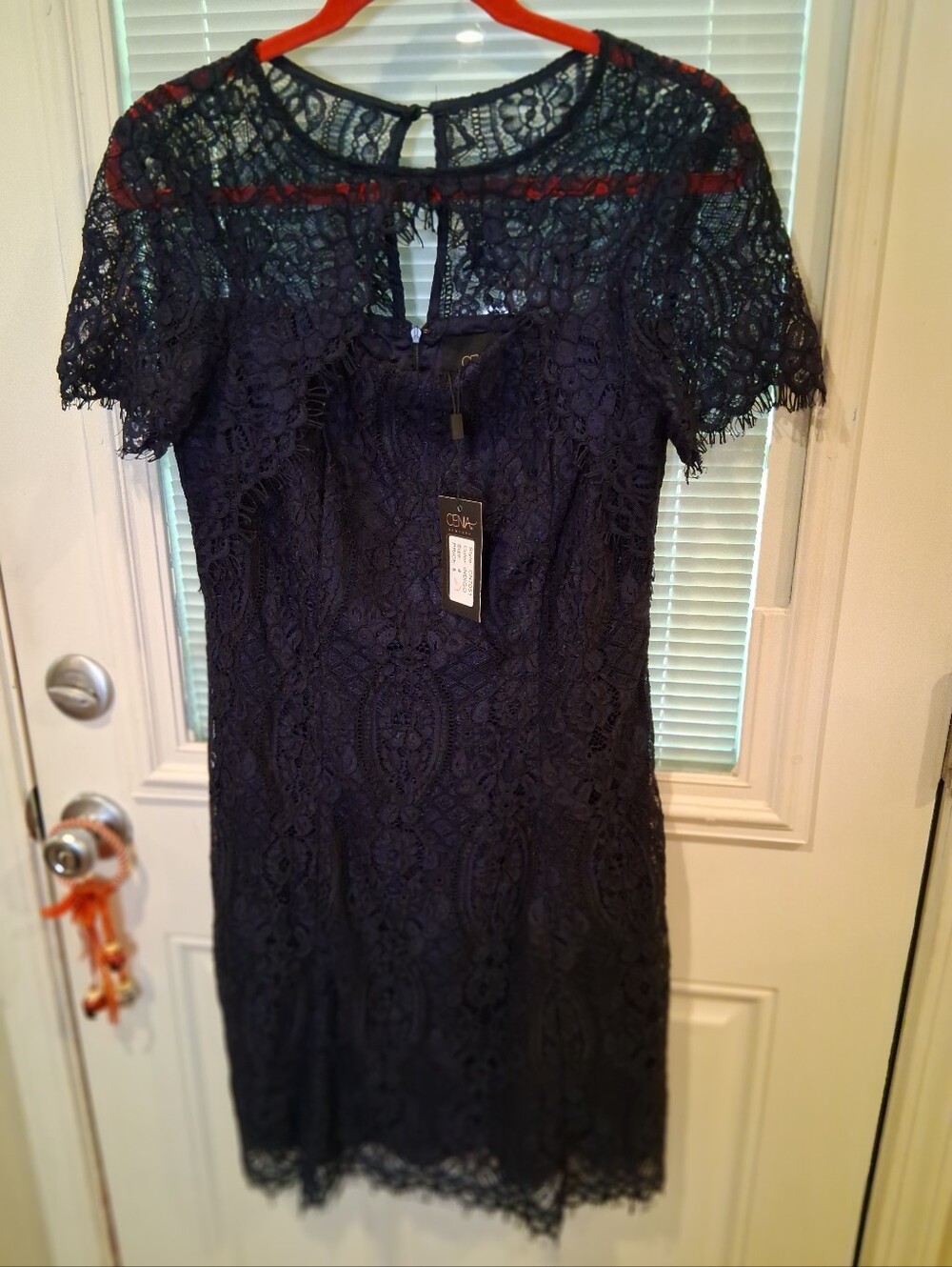 sku117 NWT CENLA NEW YORK  Navy Lace Midi Dress Short Sleeves SIZE 4
